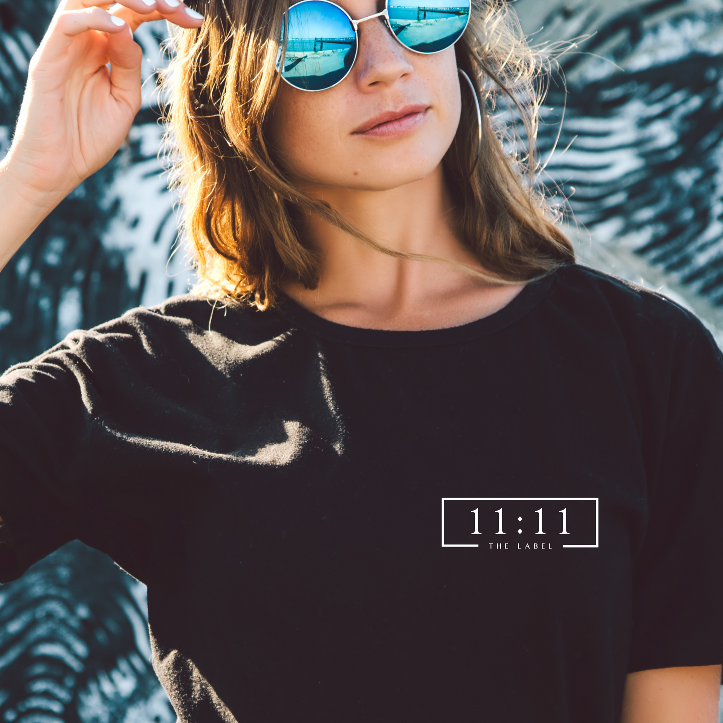 '11:11 THE LABEL' Front Pocket White Print Unisex Basic Tee