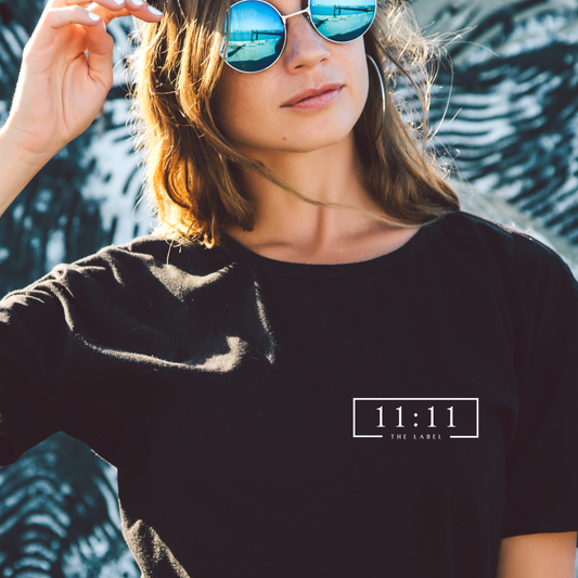 '11:11 THE LABEL' Front Pocket White Print Unisex Basic Tee