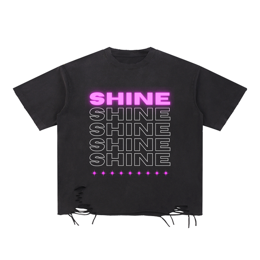 'SHINE' Snow Washed Raw Edge Distressed Tee