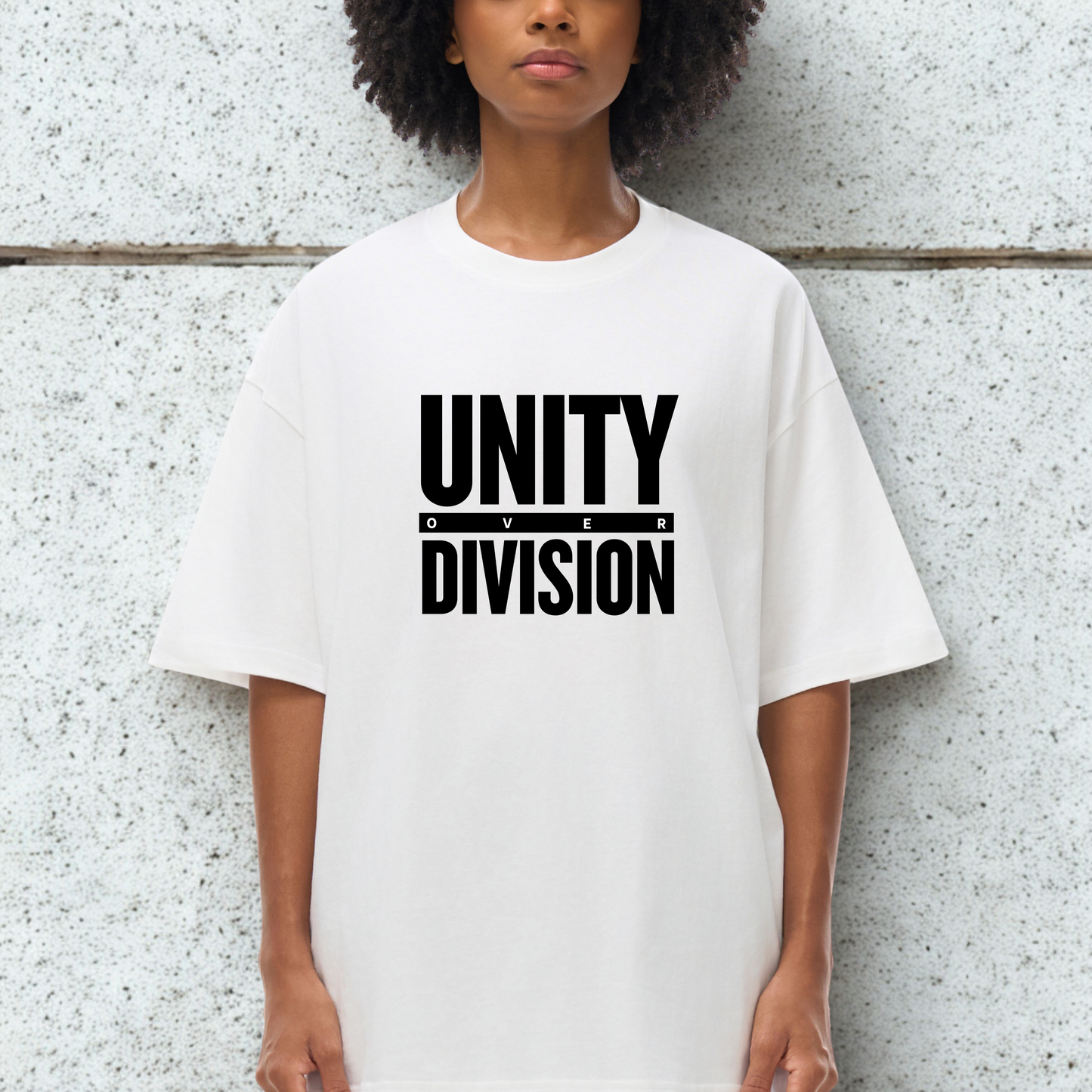 'Unity Over Division' Unisex Loose Drop Shoulder Tee- White Print