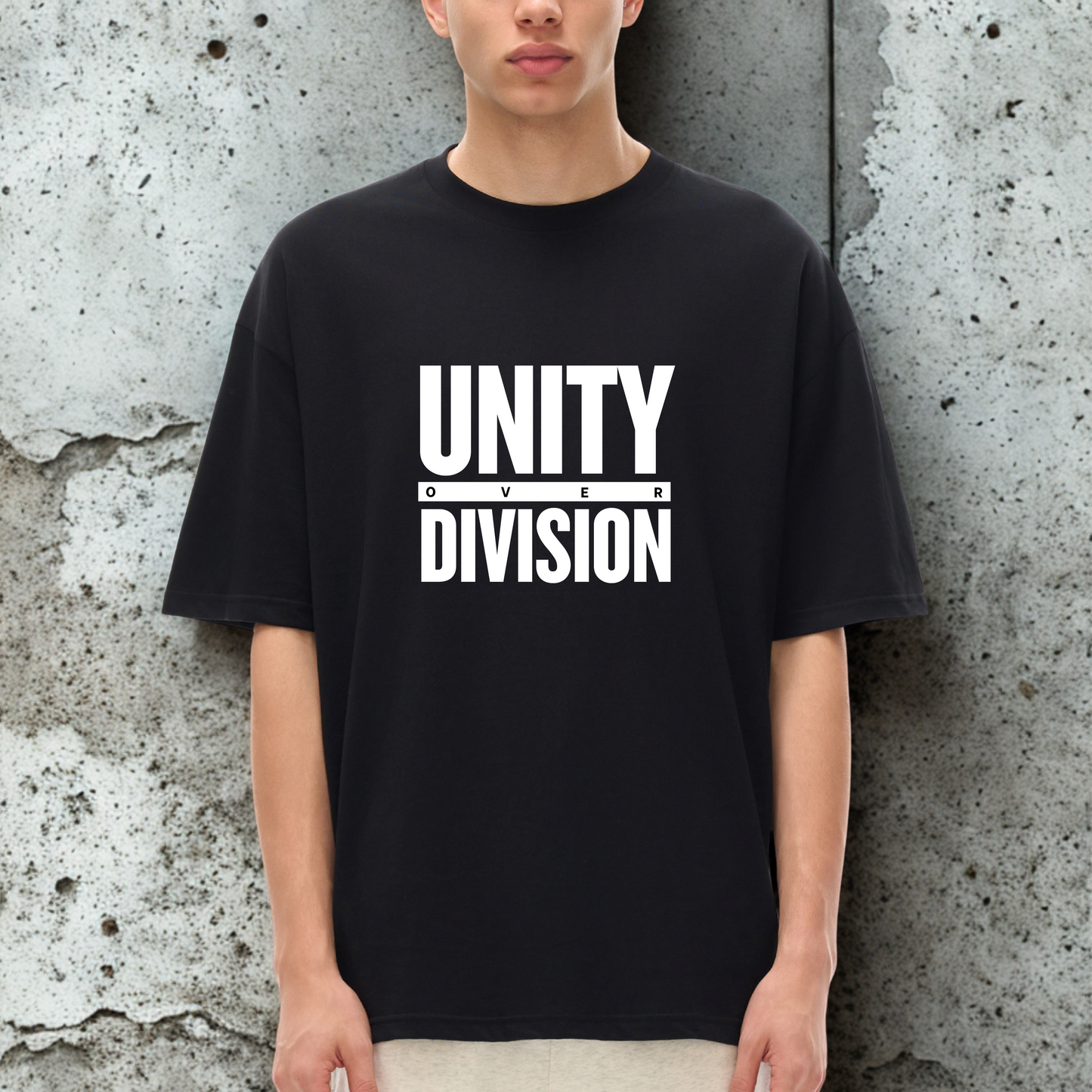 'Unity Over Division' Unisex Loose Drop Shoulder Tee- Black Print