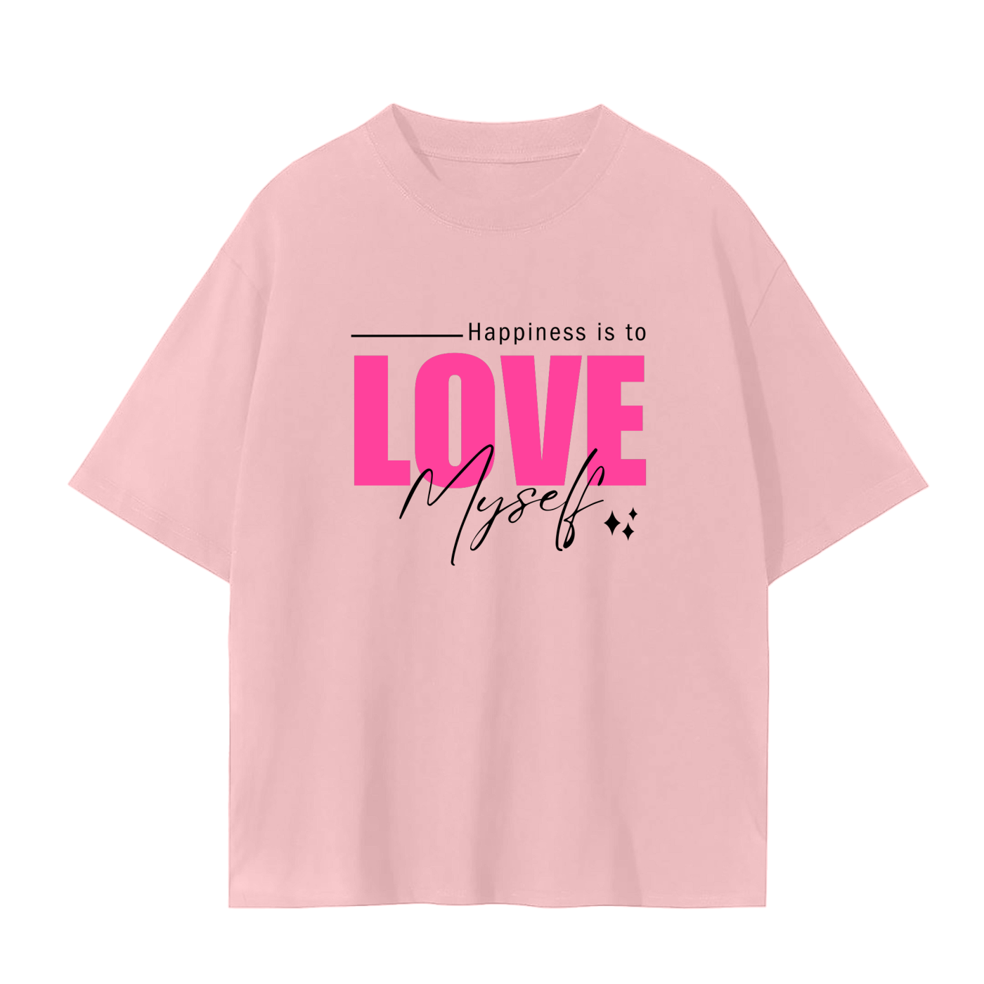 'Happiness Is To Love Myself' Drop Shoulder Basic Tee- Black Print