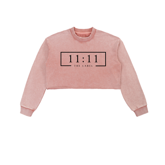 '11:11 THE LABEL' Pink Snow Washed Cropped Sweatshirt- Black Print