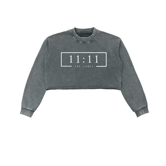 '11:11 THE LABEL' Snow Washed Cropped Sweatshirt- White Print