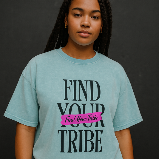 Person wearing a light blue t-shirt with motivational text on a black background