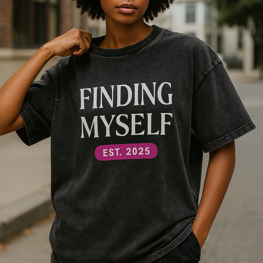 'Finding Myself' Oversized Black Acid Wash Tee- White Print