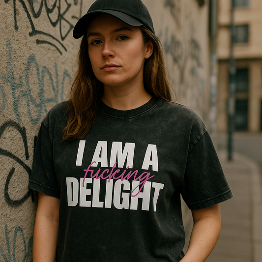 'I Am A F$%kn Delight' Oversized Black Acid Wash Tee- White Print
