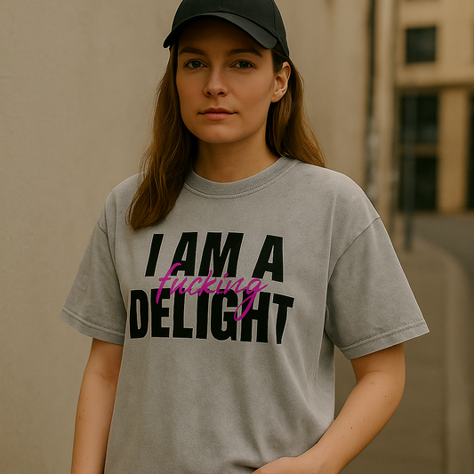 'I Am A F$%kn Delight' Oversized Acid Wash Tee- Black Print