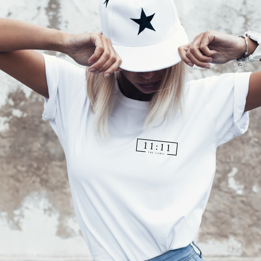 '11:11 THE LABEL' Front Pocket Black Print Unisex Basic Tee