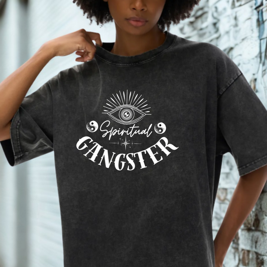 'Spiritual Gangster' Oversized Black Acid Wash Tee- White Print