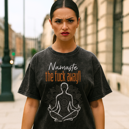 'Namaste' Oversized Black Acid Wash Tee- White Print