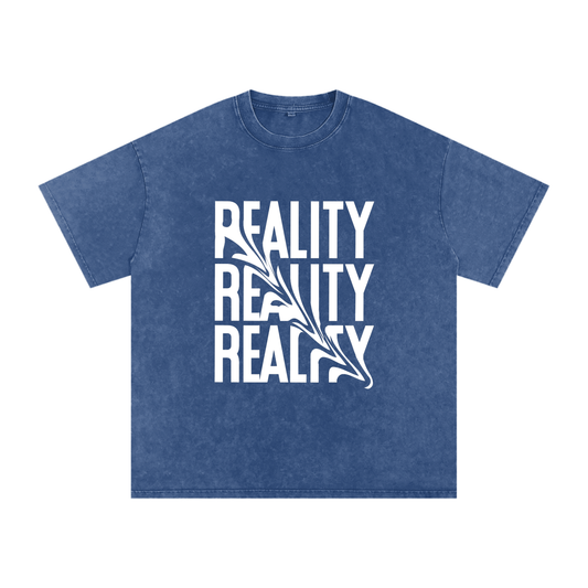 'Reality' Oversized Acid Wash Tee- White Print