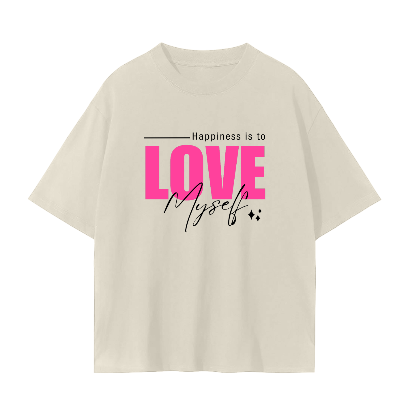 'Happiness Is To Love Myself' Drop Shoulder Basic Tee- Black Print