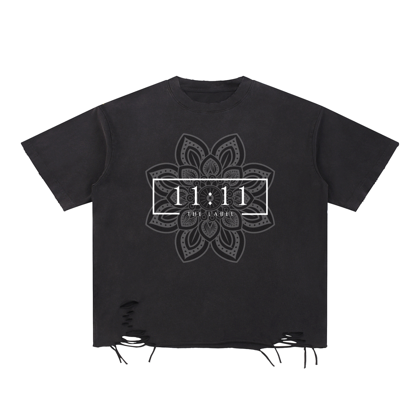 '11:11 THE LABEL w/Mandela' Snow Washed Raw Edge Distressed Tee
