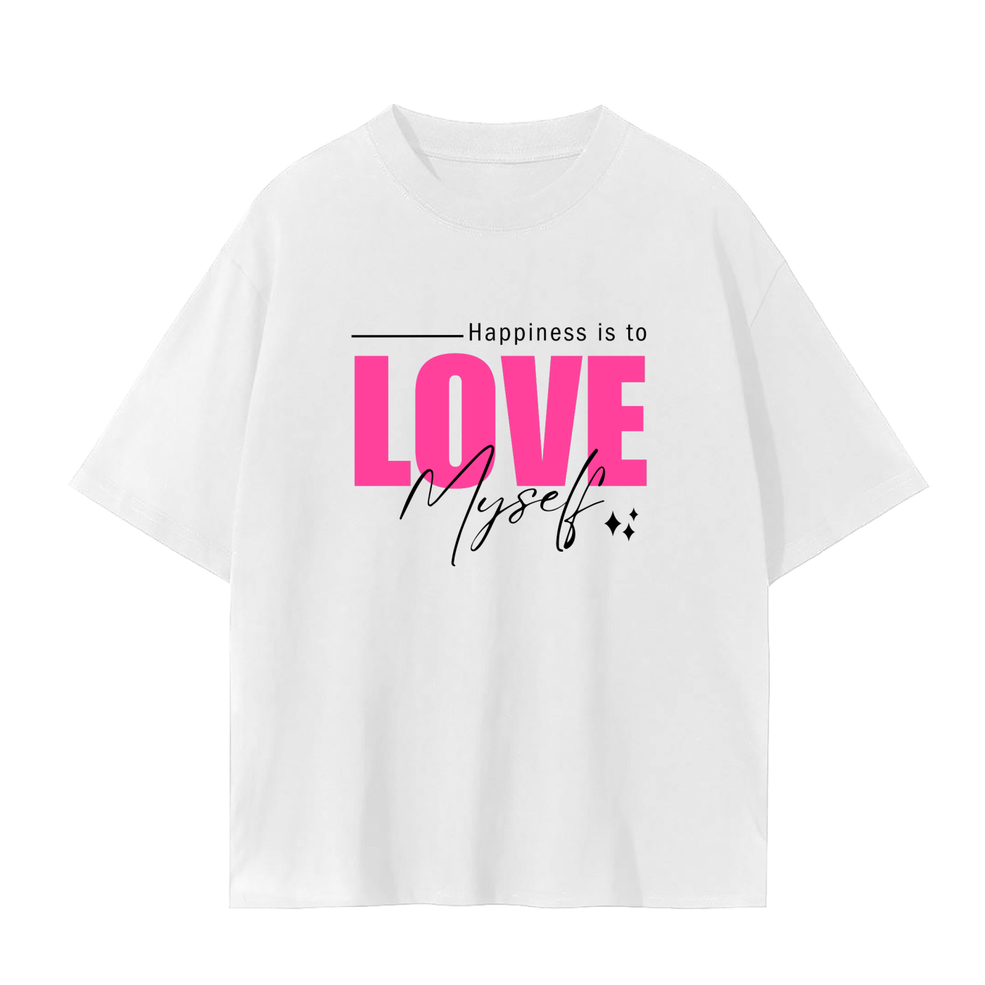 'Happiness Is To Love Myself' Drop Shoulder Basic Tee- Black Print