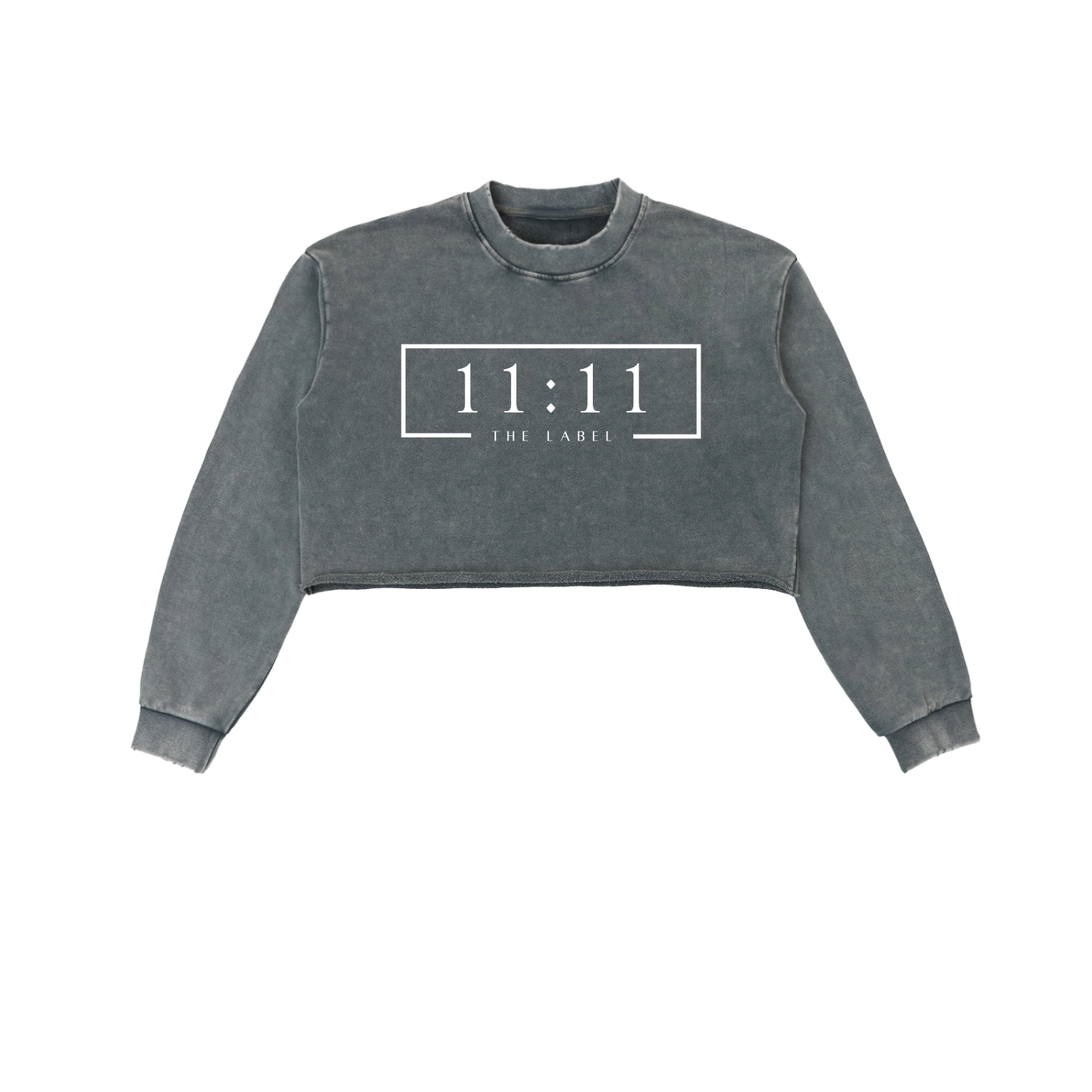 '11:11 THE LABEL' Snow Washed Cropped Sweatshirt- White Print