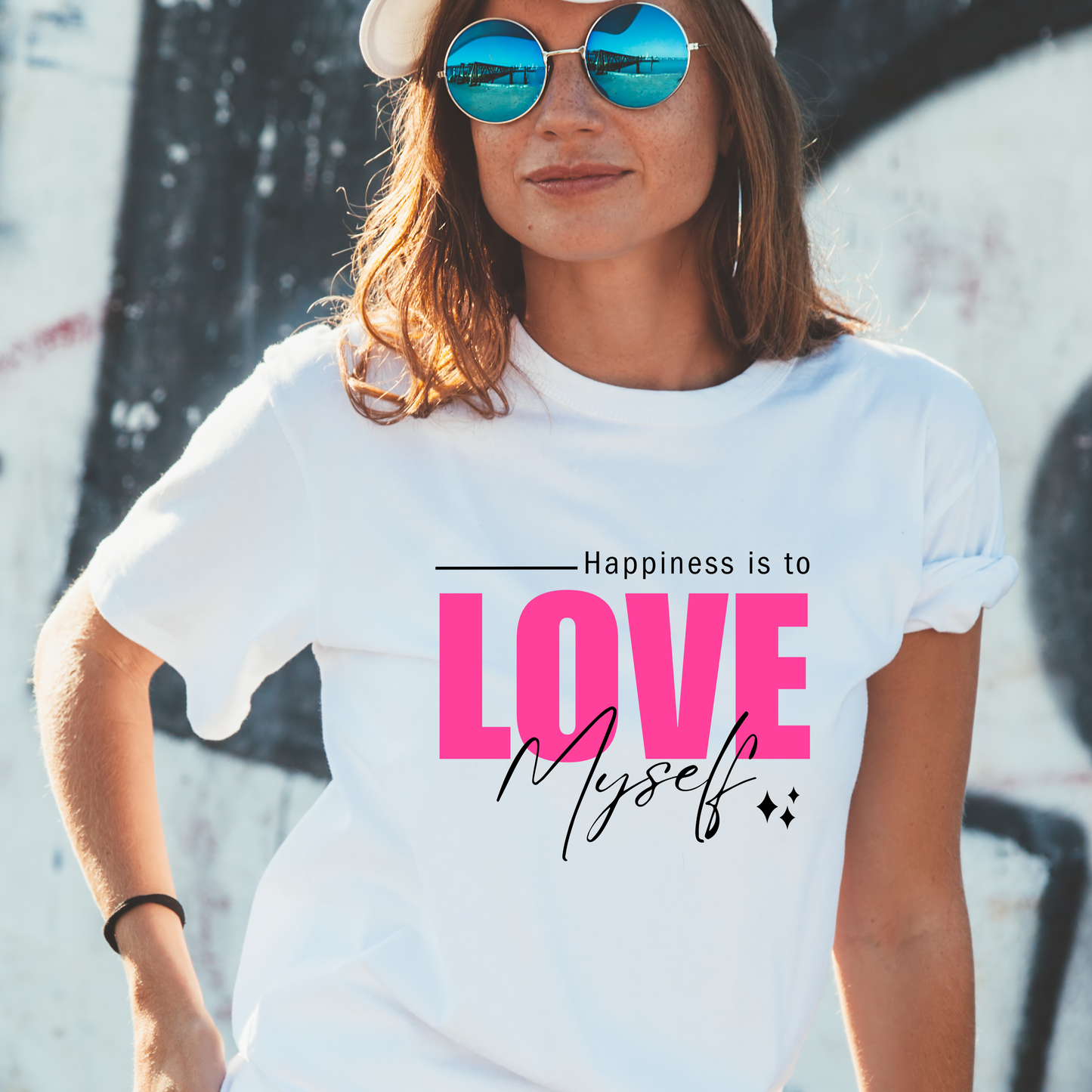 'Happiness Is To Love Myself' Drop Shoulder Basic Tee- Black Print