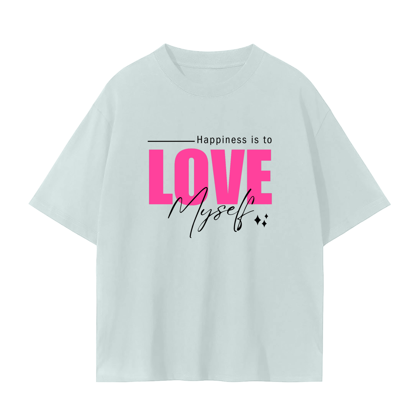 'Happiness Is To Love Myself' Drop Shoulder Basic Tee- Black Print