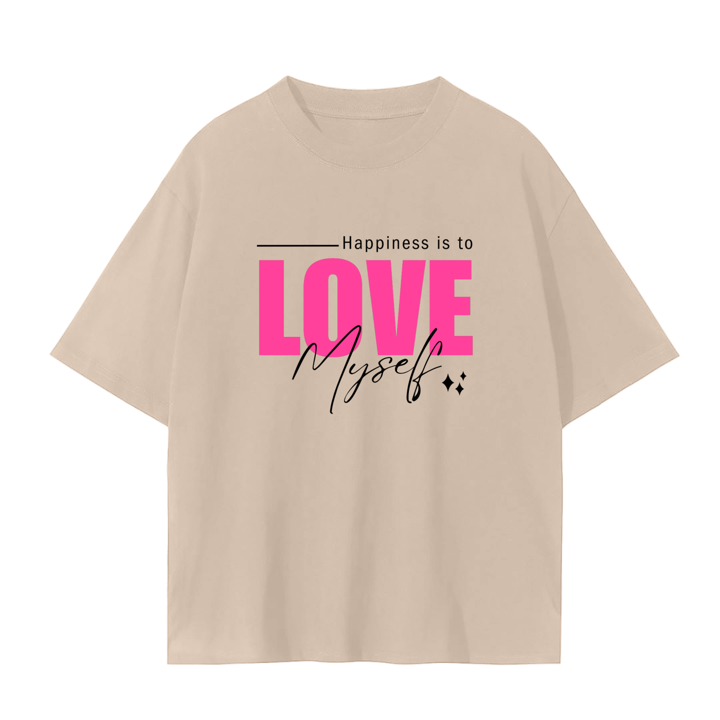 'Happiness Is To Love Myself' Drop Shoulder Basic Tee- Black Print