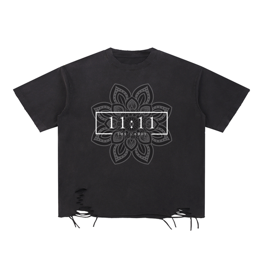'11:11 THE LABEL w/Mandela' Snow Washed Raw Edge Distressed Tee